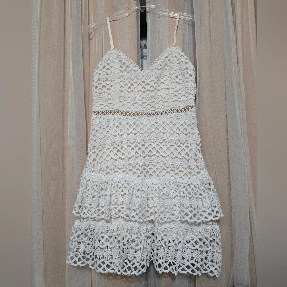 BaeVely Crochet Babydoll Mini Dress, Tiered Ruffle Skirt, Sweetheart Neckline.